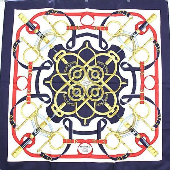 Hermes Carre 90 Scarf Eperon D'or Golden Spur 100% Silk Navy/gold/red/white - Picture 1 of 3